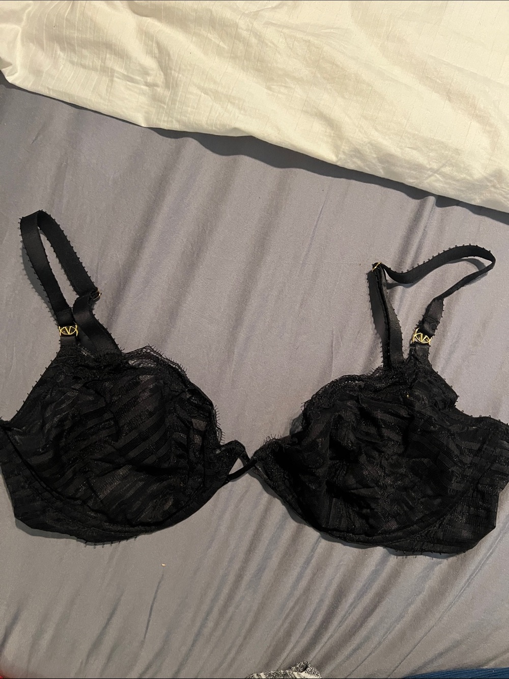 BRAND NEW Victoria's Secret Black Lace Underwire Bra with Sheer Stripe Accents